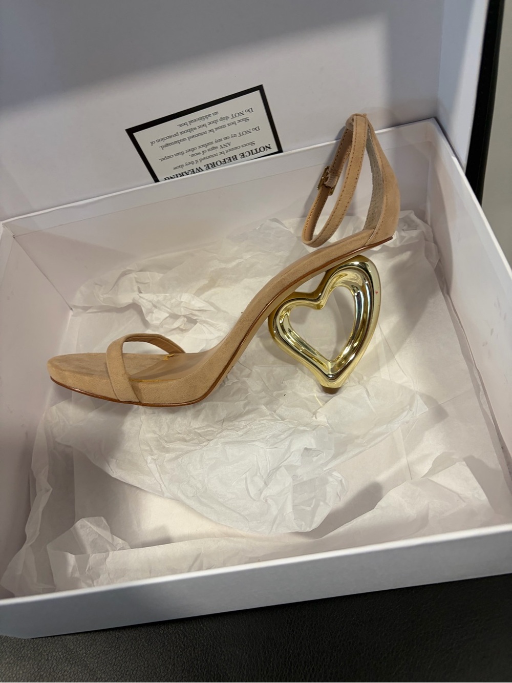 Beige Suede Ankle-Strap Sandal with Gold Heart Heel